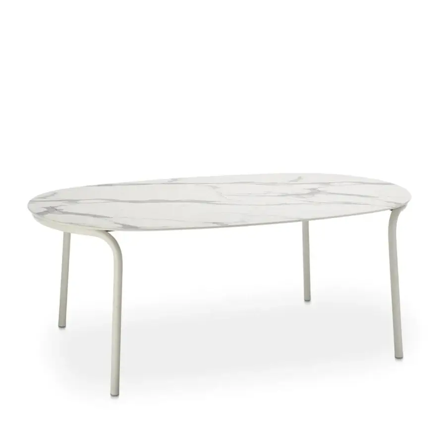 Superior Roberti Rattan Charme table with oval grey veined HPL top and sinuous powder-coated 304 steel base