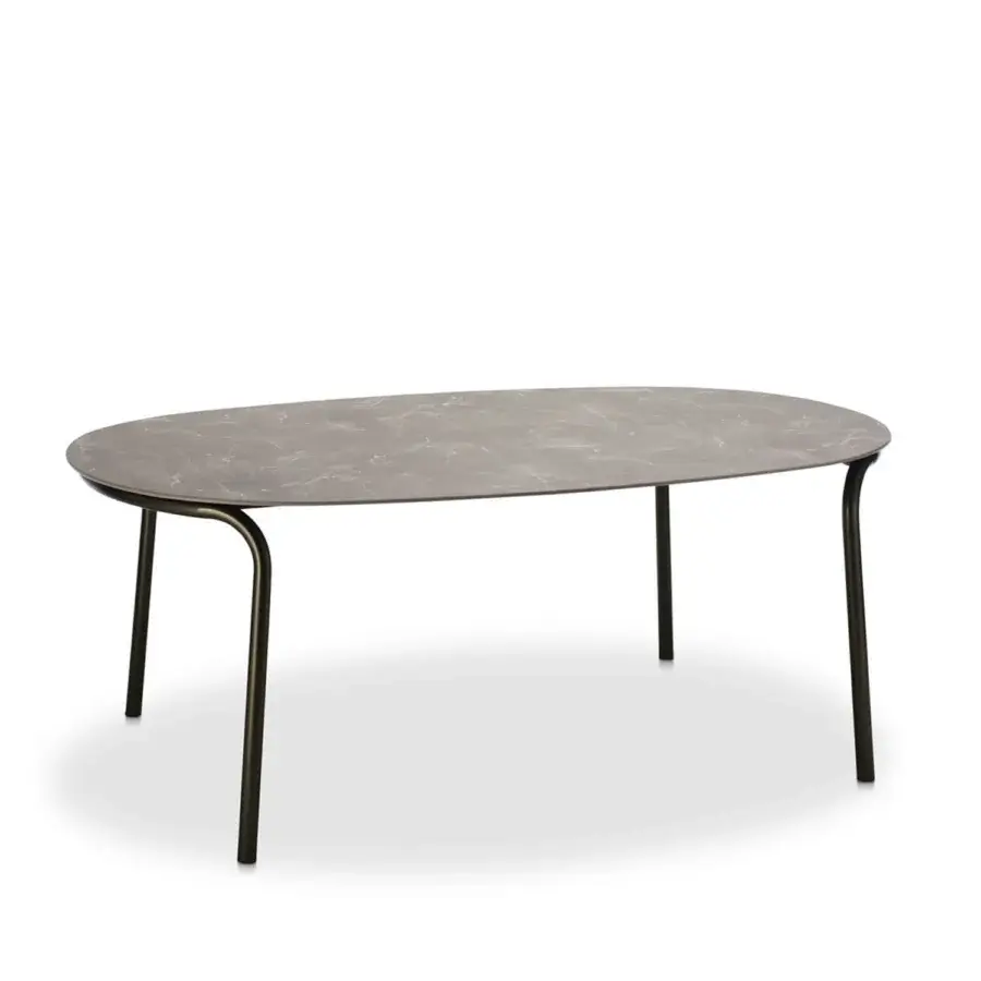 Captivating Roberti Rattan Charme table with oval grey and beige veined HPL top and powder-coated 304 steel base
