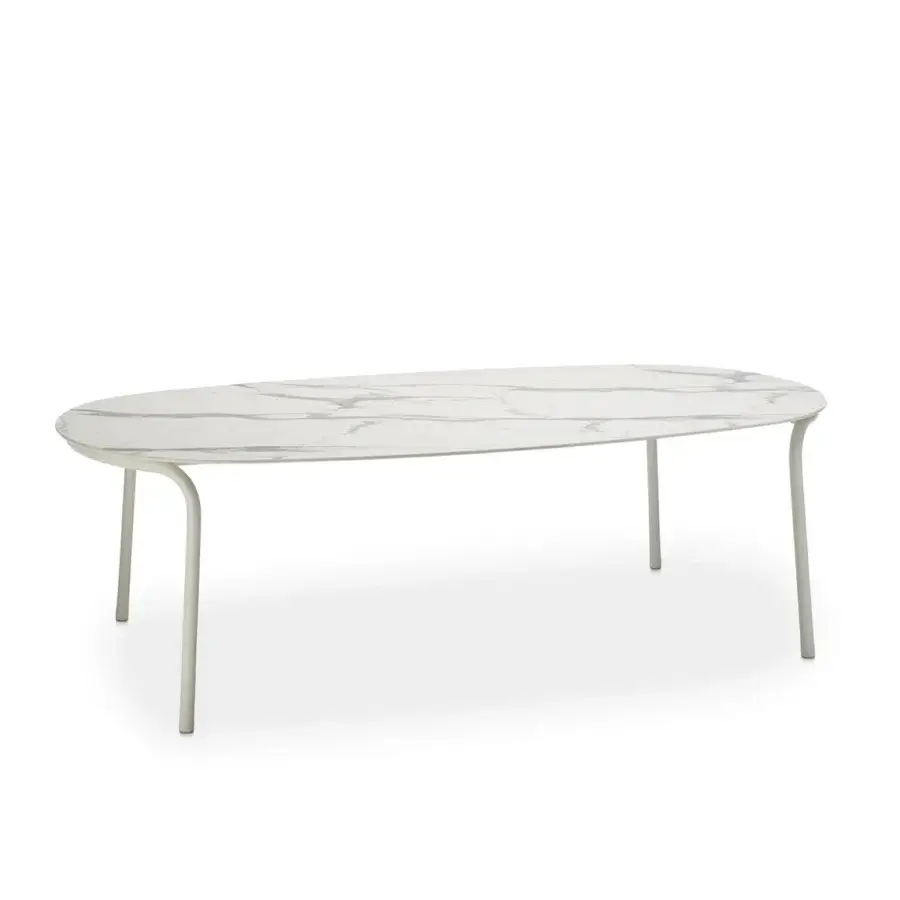Distinguished Roberti Rattan Charme table with oval grey veined HPL top and powder-coated 304 steel base crafted in Italy