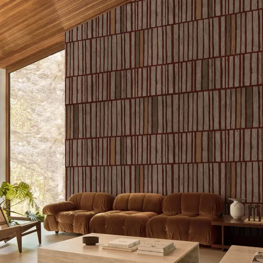Superior Wall&Decò By The Way wallpaper with warm reddish-brown vertical planks and subtle fabric effect d.TW Texture finish