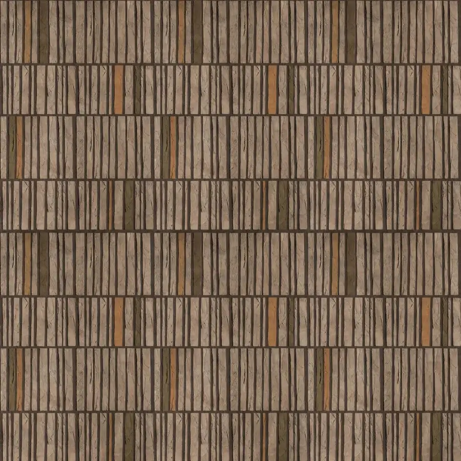 Exclusive Wall&Decò By The Way wallpaper in muted beige-brown tones with a rustic plank grid and d.TW Texture finish