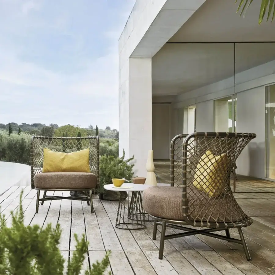 Exceptional Roberti Rattan Charme lounge chair woven with Flat Trendyrope in muted gray-brown textile with a matte finish