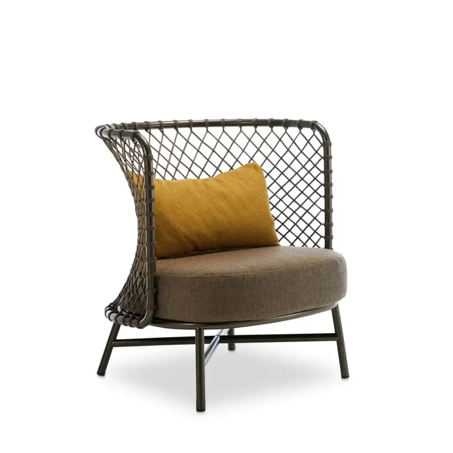 Sophisticated Roberti Rattan Charme lounge chair with woven Flat Trendyrope and mottled brown, mustard-yellow cushions in a dark bronze finish