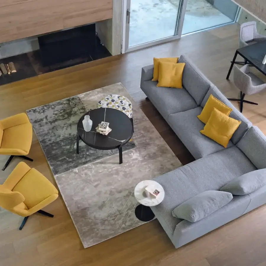 Exceptional CTS Salotti Grace lounge chair with golden yellow textile upholstery and sleek matte steel swivel base