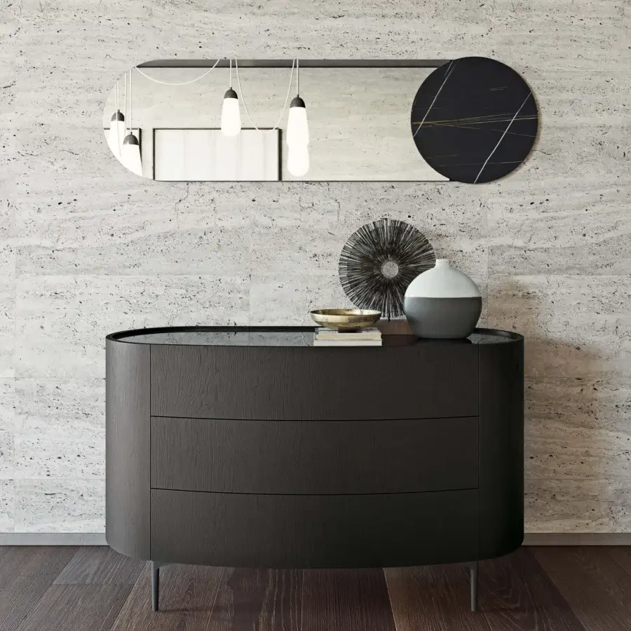 Distinguished Dallagnese Ronda dresser crafted in wood with a matte dark gray finish and slender tapered metal legs