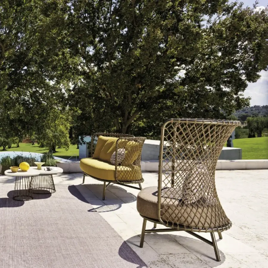 Exceptional Roberti Rattan Charme relax lounge chair with warm brown woven Flat Trendyrope and vibrant yellow seat cushion crafted in powder-coated steel