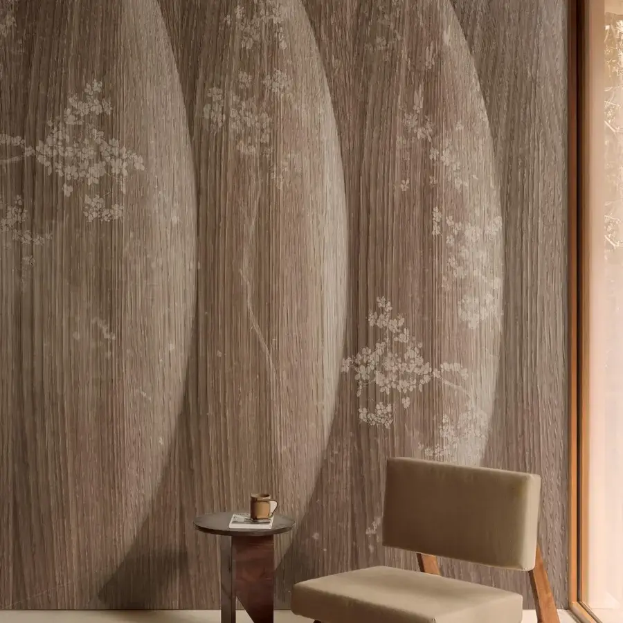 Superior Wall&Decò Atmosfere wallpaper with oval motifs and richly textured wood-grain in a warm brown color, d.TW Texture finish