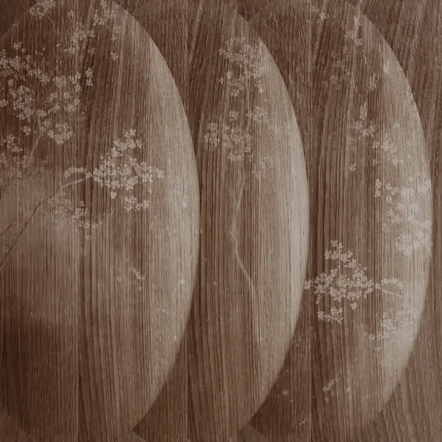 Distinguished Wall&Decò Atmosfere wallpaper with wood-grain effect and delicate floral motifs in sepia and brown tones on organic bio-vinyl