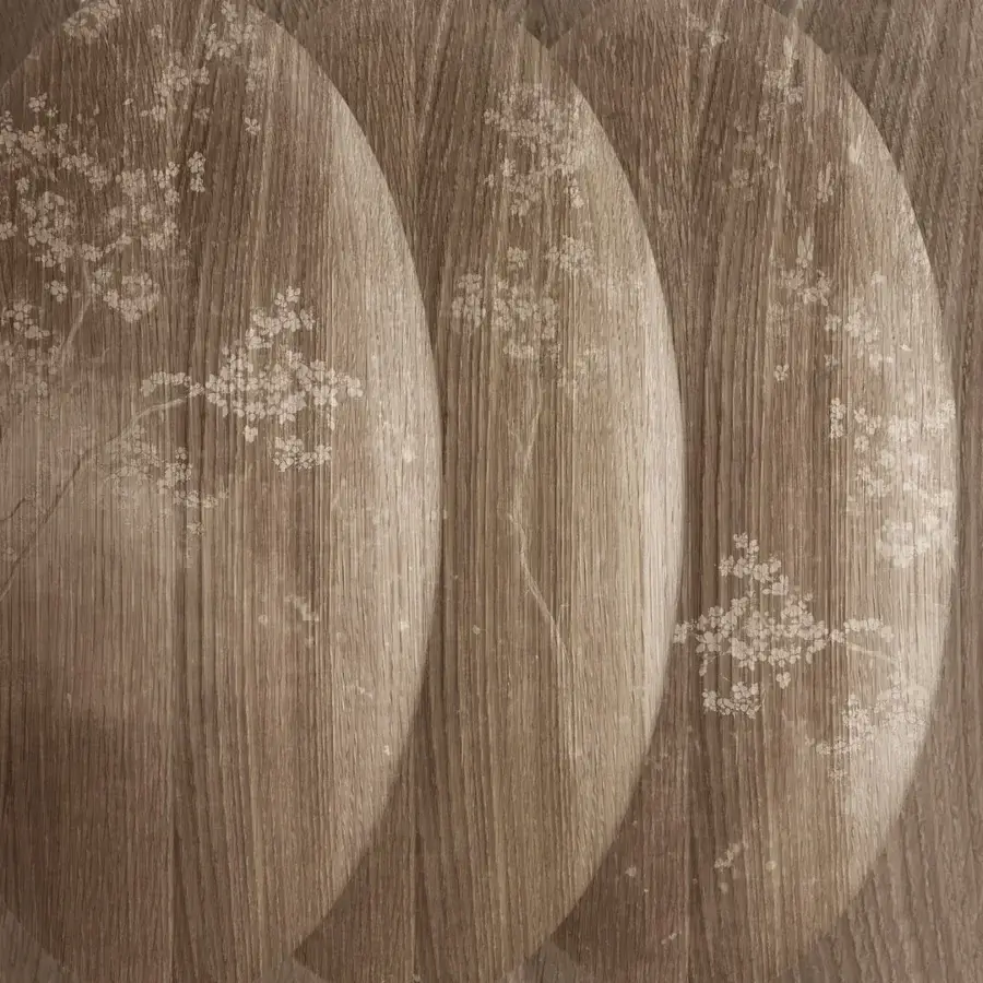 Exceptional Wall&Decò Atmosfere wallpaper with floral details against warm brown wood-grain on sustainable bio-vinyl with d.TW texture
