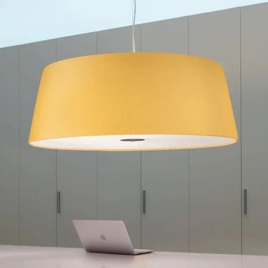 Elegant Modo Luce Milleluci suspension lamp with golden yellow textured velvet shade crafted for diffused illumination and acoustic comfort