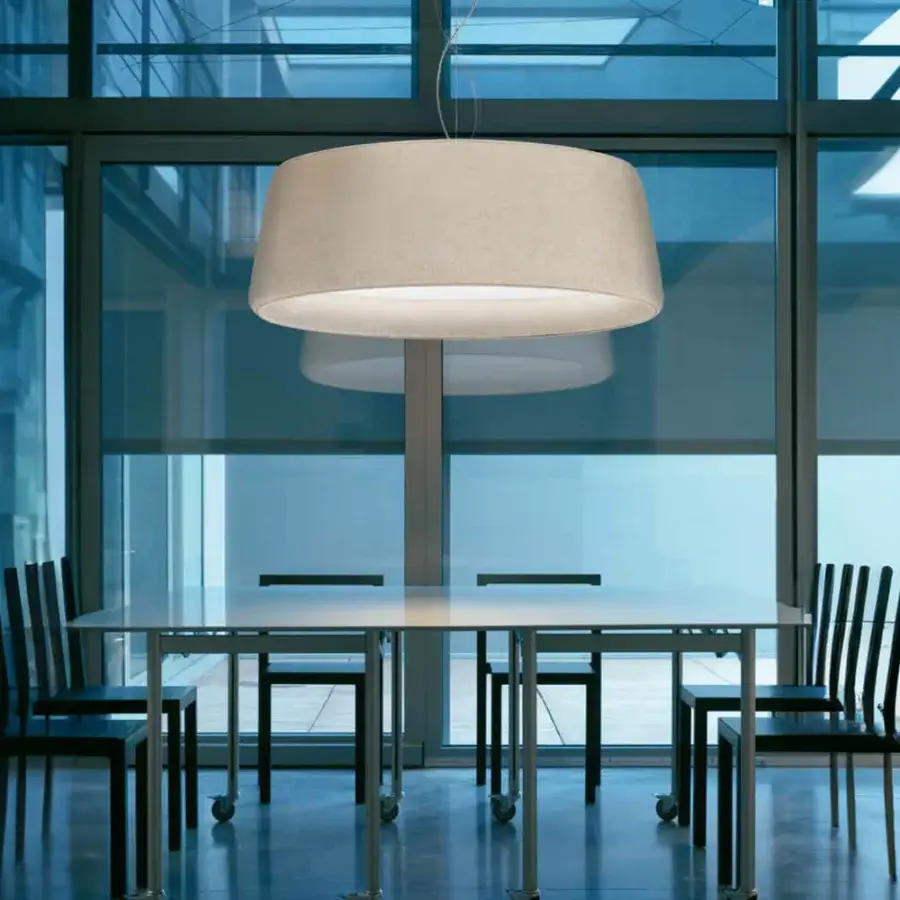 Superior Modo Luce Milleluci suspension lamp crafted in light beige velvet or wool textile with soft matte finish