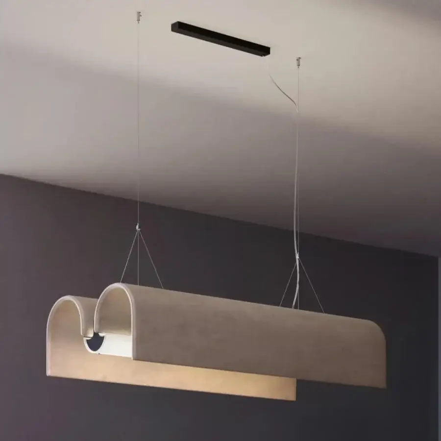 Distinguished Modo Luce Basilica acoustic suspension lamp crafted with matt black metal, chromed details, and warm gray sound-absorbing fabric elements