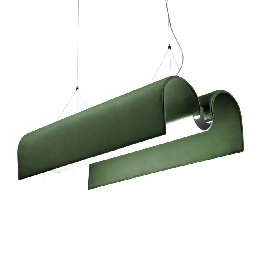 Exceptional Modo Luce Basilica acoustic suspension lamp in deep green velvet with matte black metal structure