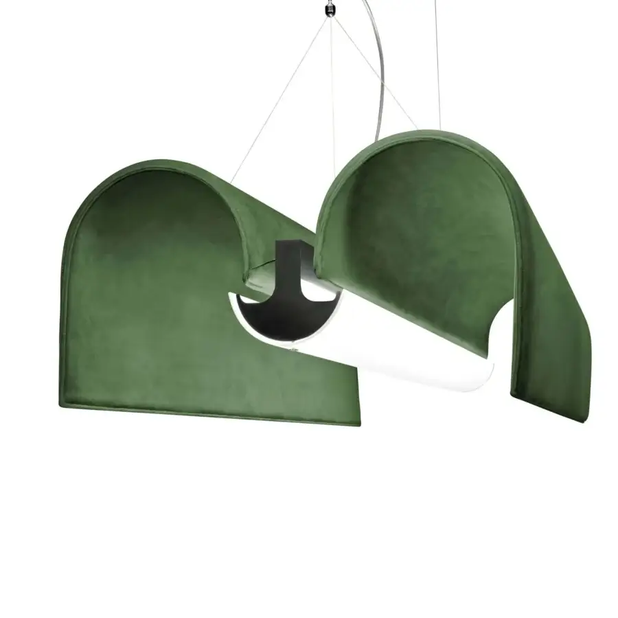 Captivating Modo Luce Basilica acoustic suspension lamp in deep green velvet with a matt black metal structure and white interior