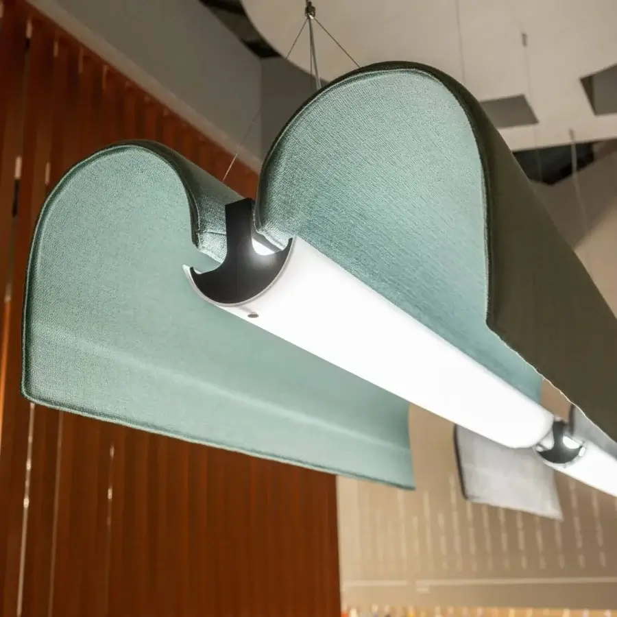 Distinguished Modo Luce Basilica acoustic suspension lamp in muted dusty teal with black metal structure and sound-absorbing velvet fabric finish