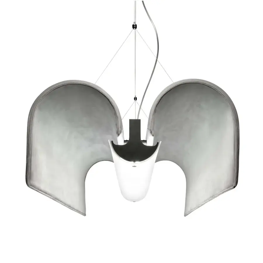 Harmonious Modo Luce Basilica acoustic suspension lamp built with grey matte metal, black metal and chromed details in velvet finish