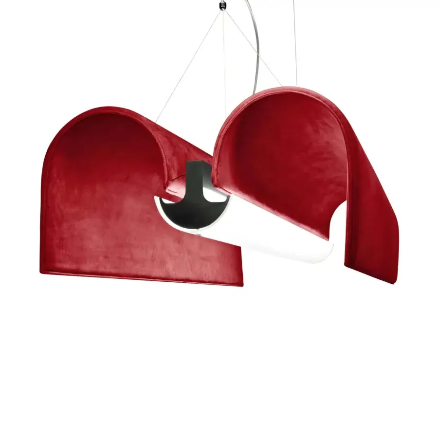 Exclusive Modo Luce Basilica acoustic suspension lamp in saturated red velvet with a matt black metal structure and chromed details