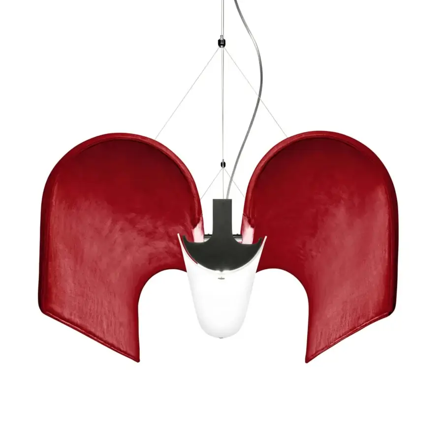 Distinguished Modo Luce Basilica acoustic suspension lamp in red velvet with matte black metal and anti-glare white methacrylate
