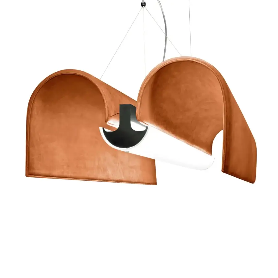 Harmonious Modo Luce Basilica acoustic suspension lamp in reddish-brown velvet with matte black metal structure