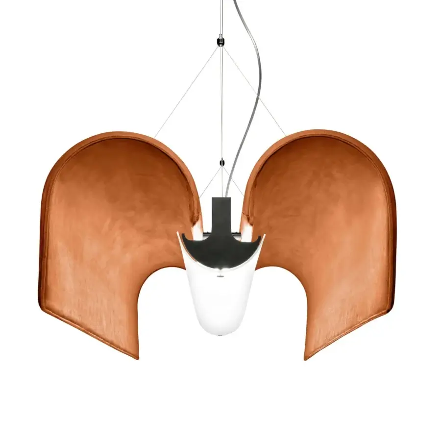 Superior Modo Luce Basilica acoustic suspension lamp crafted in matte black metal with reddish-brown velvet and chromed details