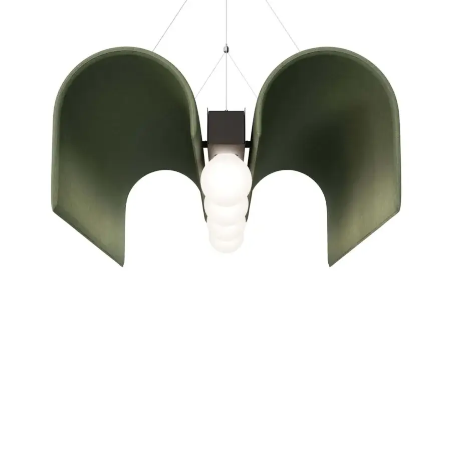 Exclusive Modo Luce Basilica acoustic suspension lamp crafted in dark olive green velvet with a matte black metal structure