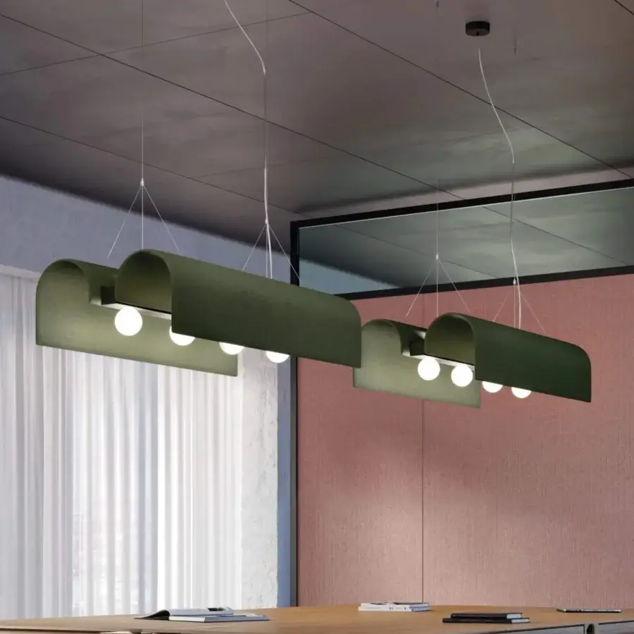 Harmonious Modo Luce Basilica acoustic suspension lamp in dark olive-green sound-absorbing fabric with matte black metal and chromed details