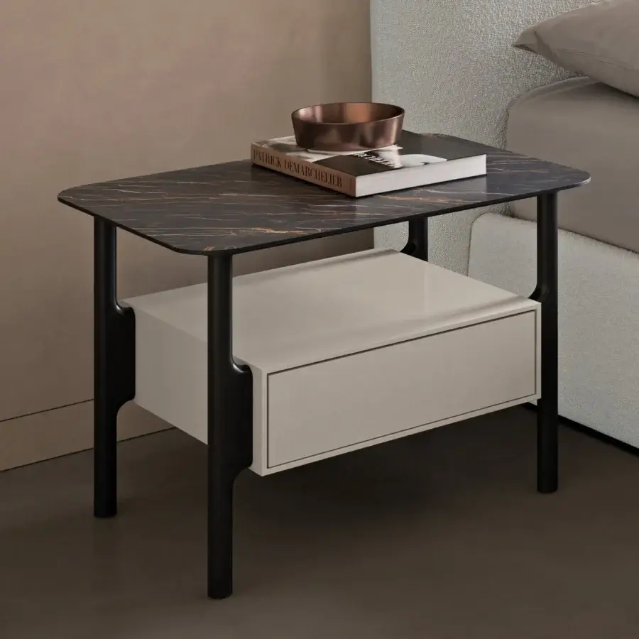 Elegant Dallagnese Tepu nightstand with softly shaped solid ash wood and striking stoneware tabletop in a dark finish