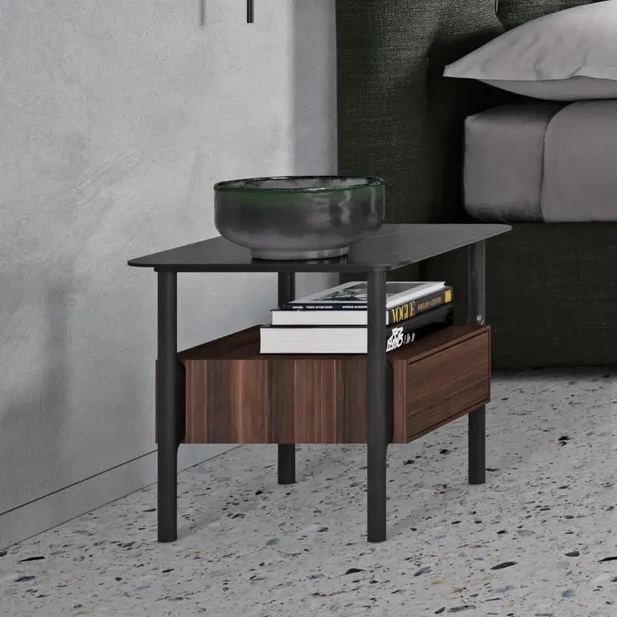 Superior Dallagnese Tepu nightstand built with medium-toned brown ash wood and satin-finish dark matte black metal legs