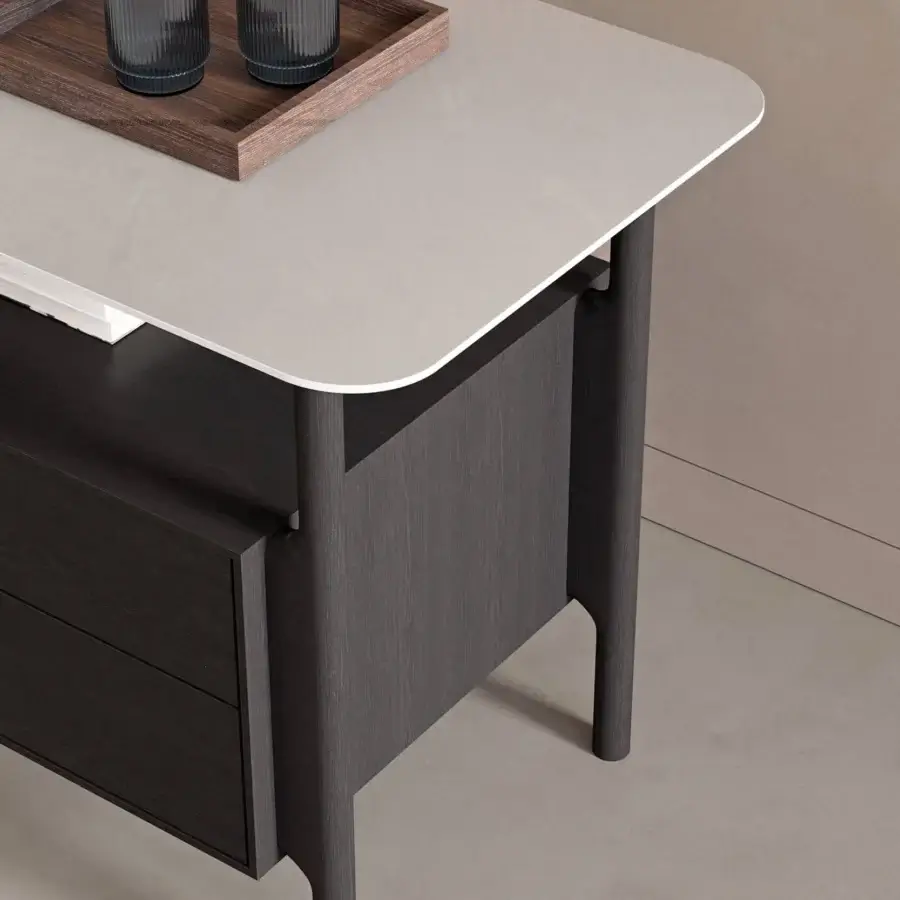 Distinguished Dallagnese Tepu nightstand crafted with softly shaped solid ash wood and contrasting dark gray-brown stoneware top