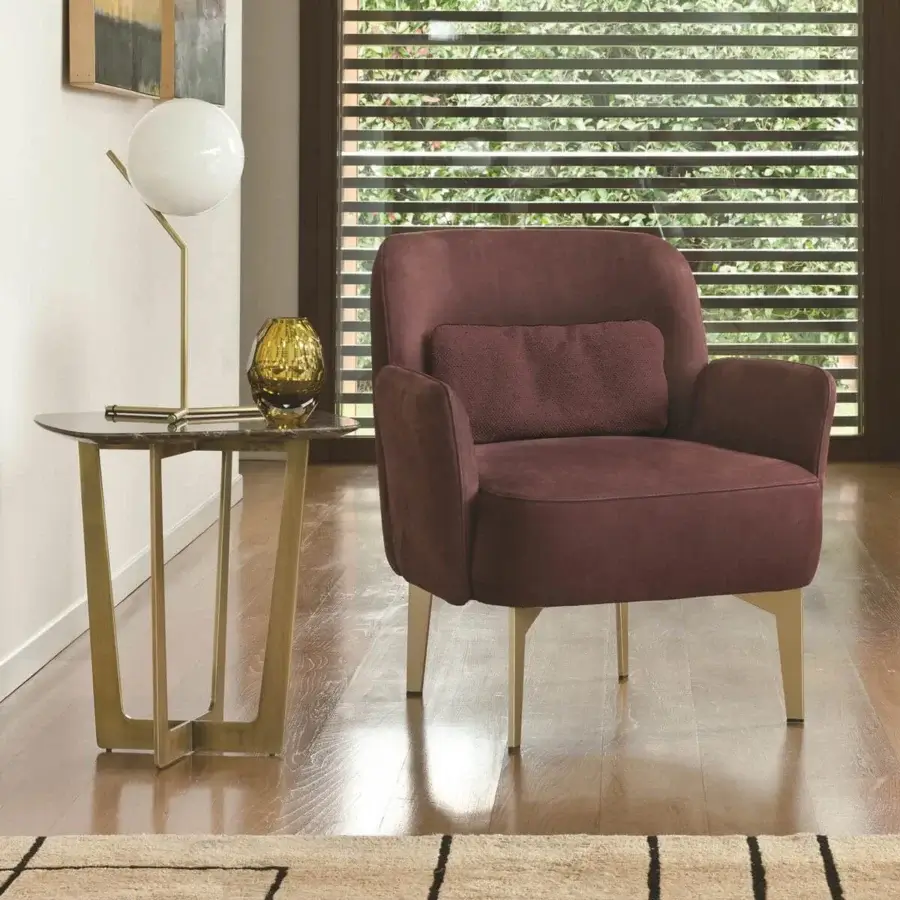 Lavish CTS Salotti Margot lounge chair upholstered in matte-finish burgundy velvet with gold-toned metal legs