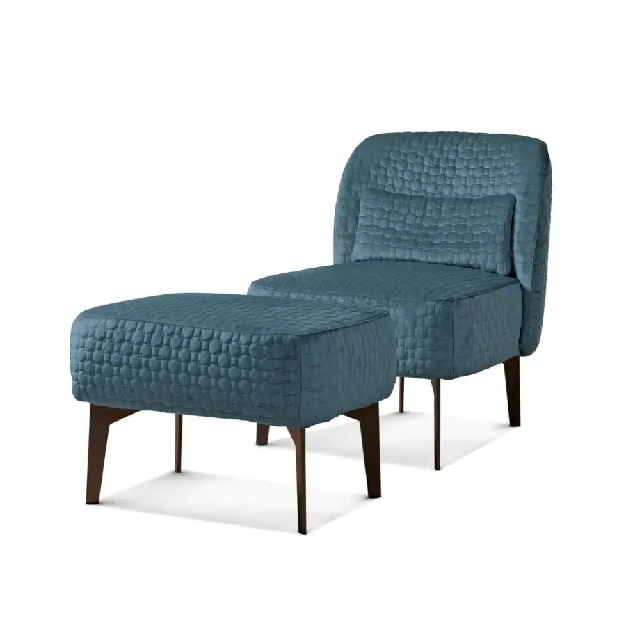 Exceptional CTS Salotti Margot lounge chair upholstered in muted teal blue textile with diamond-patterned quilting and satin-finish wooden legs