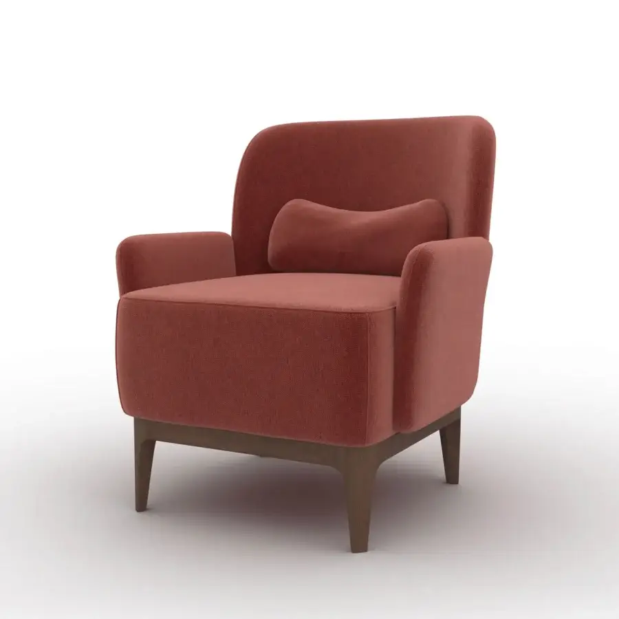 Superior CTS Salotti Margot lounge chair upholstered in reddish-brown fabric with satin-finish wooden legs