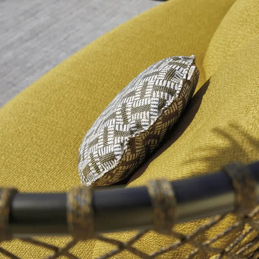 Lavish Roberti Rattan Charme sofa crafted with golden-yellow and gray textile, woven with Flat Trendyrope and powder-coated 304 steel