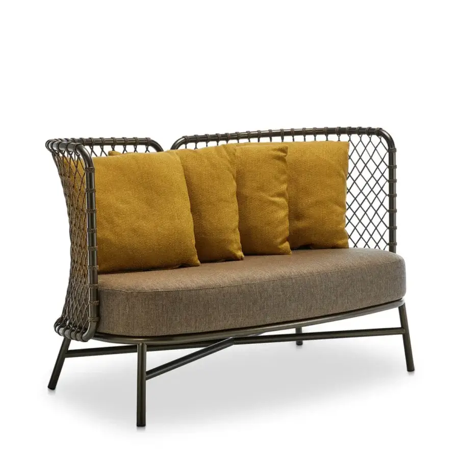 Distinguished Roberti Rattan Charme sofa crafted with brownish-grey textile cushions and mustard-yellow accents, built with powder-coated steel frame
