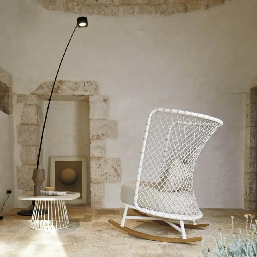 Exceptional Roberti Rattan Charme rocking lounge chair woven with Flat Trendyrope in white and light brown satin-finish wood
