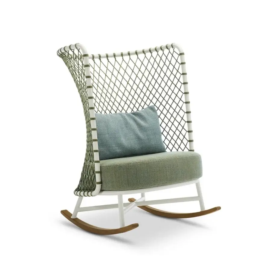 Distinguished Roberti Rattan Charme rocking lounge chair built with light green cushions, white powder-coated steel, and light brown wood runners