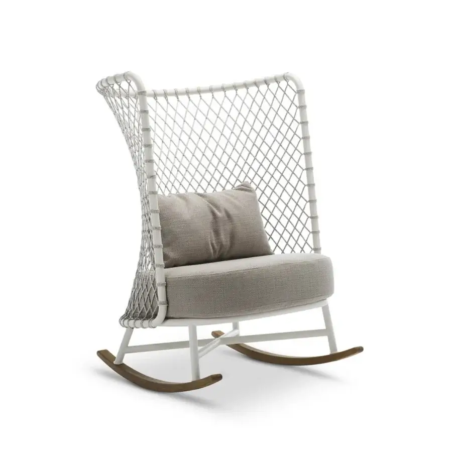 Exceptional Roberti Rattan Charme rocking lounge chair crafted with light gray upholstery and medium brown wooden rockers with a powder-coated steel frame
