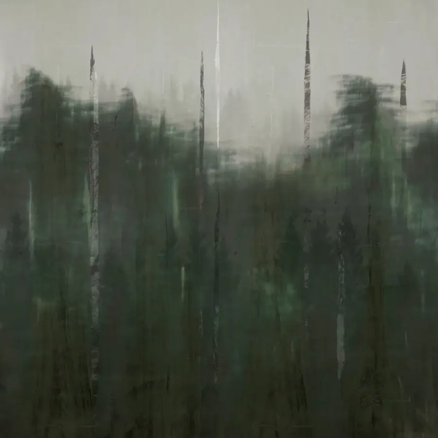 Superior Wall&Decò Ghostforrest wallpaper with abstracted forest scenes in desaturated greens and grays on organic bio-vinyl with a d.TW finish