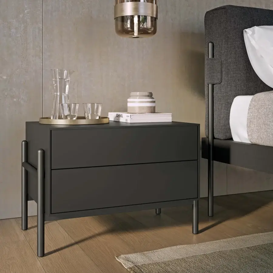 Exceptional Dallagnese Supernova nightstand with dark gray matte finish and striking painted metal rod base crafted in Italy