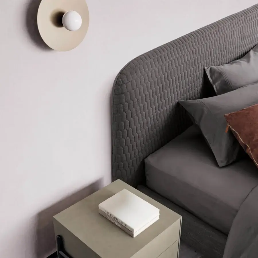 Elegant Dallagnese Supernova nightstand built with muted gray-beige matte wood and dark gray-black painted metal base