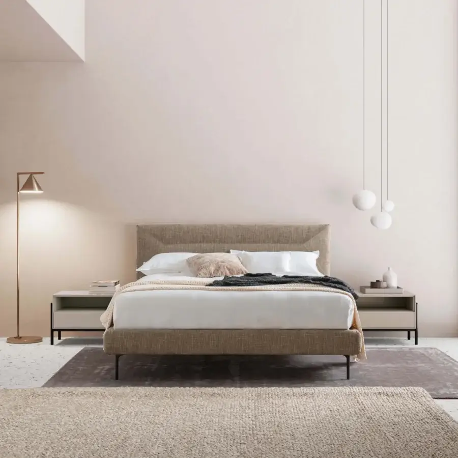 Distinctive Dallagnese Supernova nightstand built with warm beige wood-based composite and slender dark metal legs