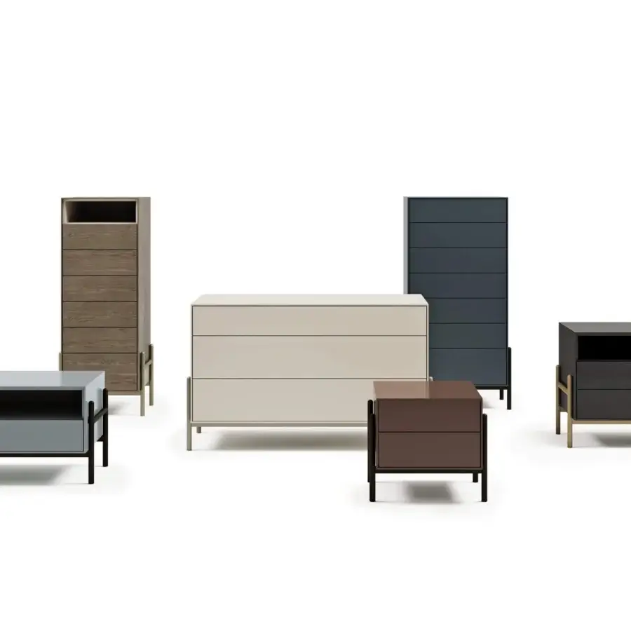 Superior Dallagnese Supernova nightstand crafted in pale beige with satin finish and slender brassy metal legs