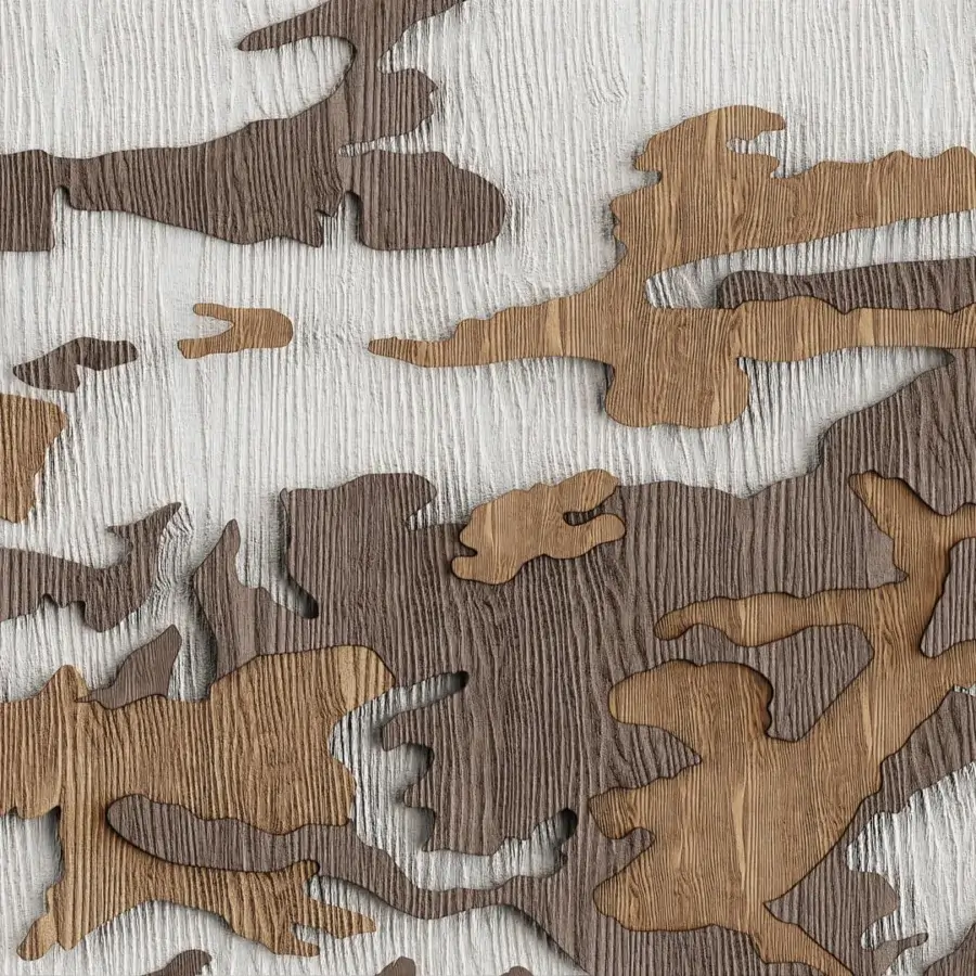 Distinguished Wall&Decò Hiding In Barks wallpaper with layered brown wood effect on organic bio-vinyl substrate and refined fabric texture