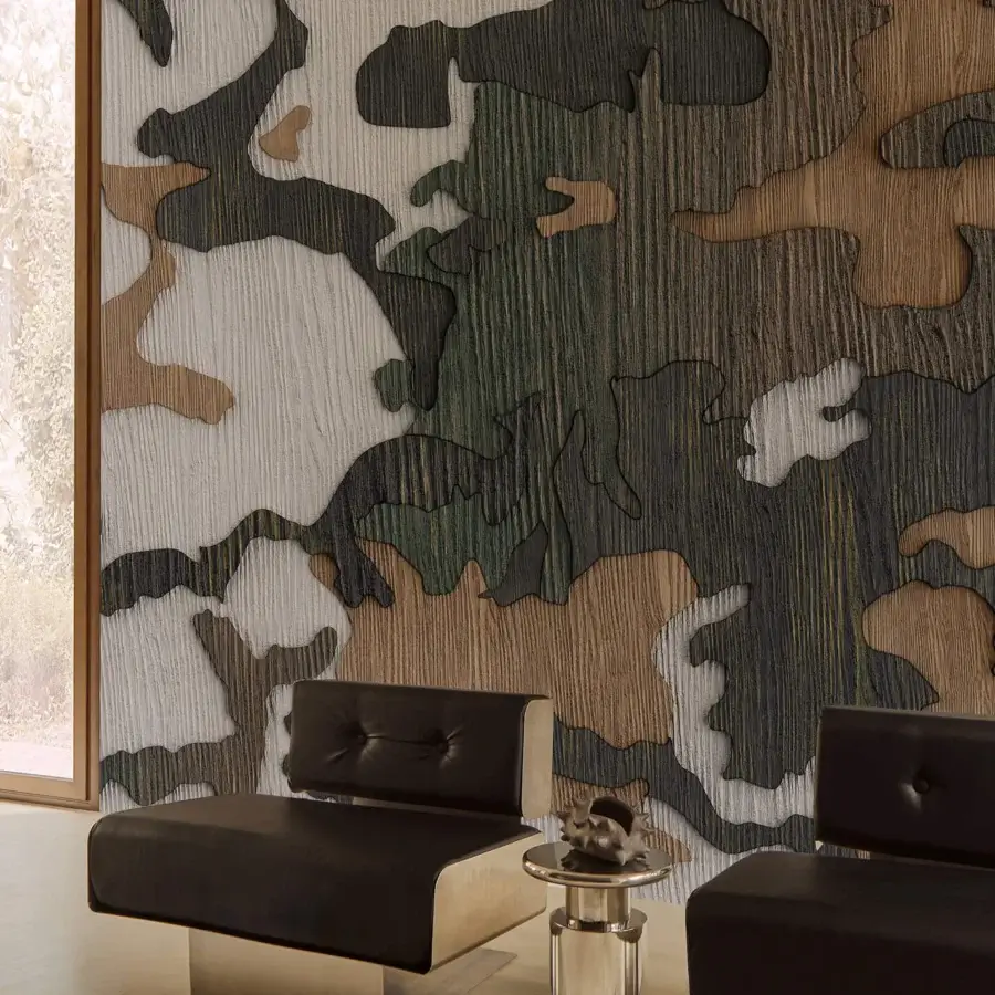 Exceptional Wall&Decò Hiding In Barks wallpaper in nuanced brown, beige and gray-green tones with a refined fabric-effect surface
