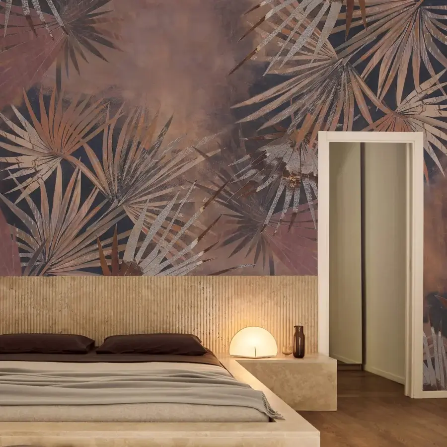 Distinguished Wall&Decò Evoking wallpaper with botanical pattern in earthy terracotta, crafted on organic bio-vinyl with refined fabric-effect finish