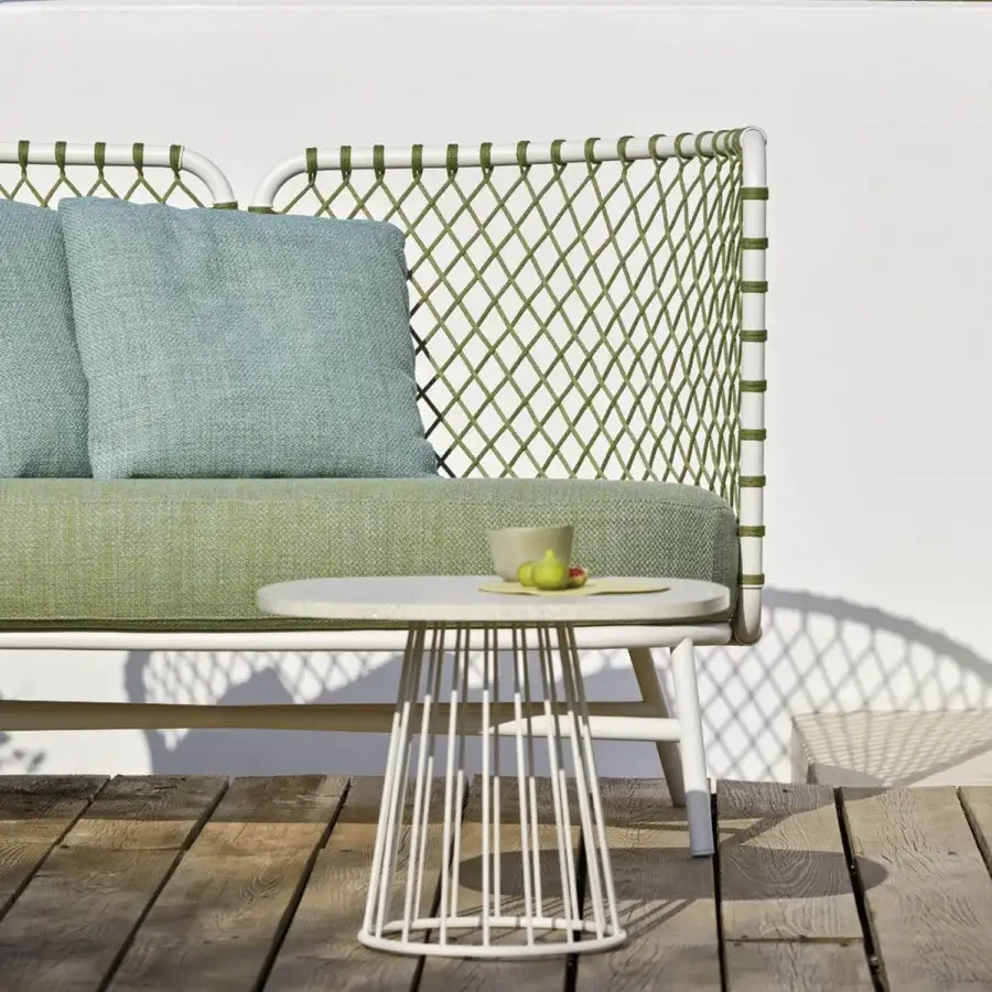 Superior Roberti Rattan Charme side table with white powder-coated steel base and terrazzo top including mother-of-pearl inserts