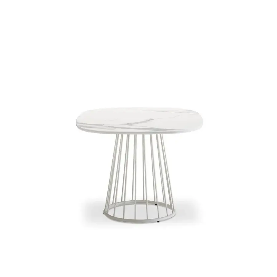 Distinguished Roberti Rattan Charme side table with terrazzo top composed of grit and mother-of-pearl inserts in white powder-coated steel