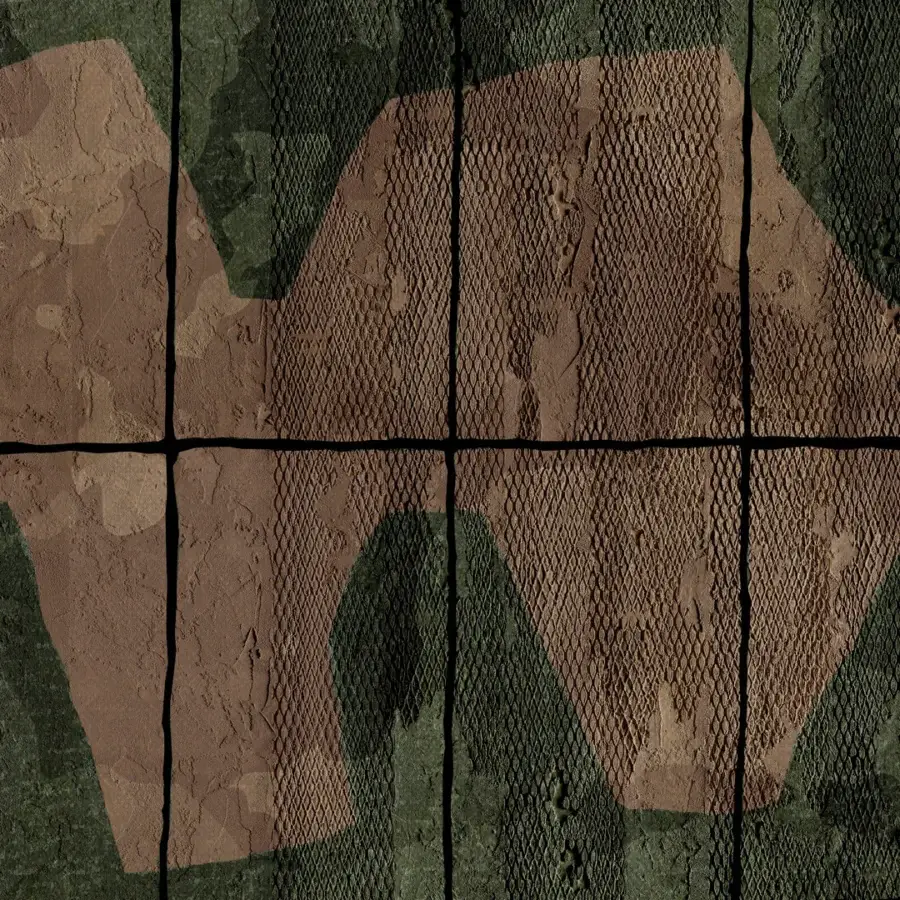 Exceptional Wall&Decò Incognito wallpaper with camouflage design in brown and muted green d.ecodura™ bio-vinyl and d.TW finish