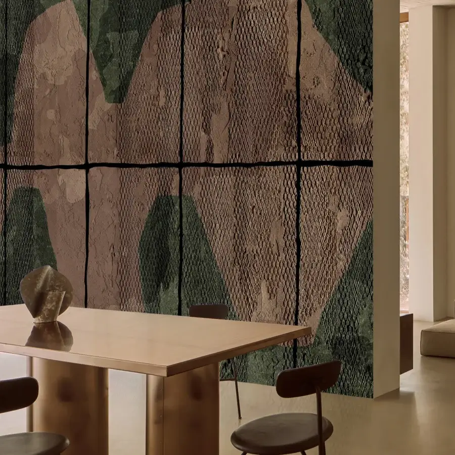 Elegant Wall&Decò Incognito wallpaper with abstract expressionist design in muted browns, olive greens, and greys organic bio-vinyl with d.TW Texture finish