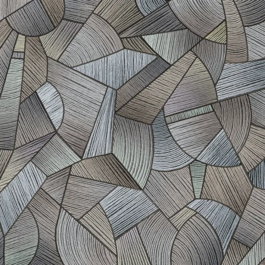 Elegant Wall&Decò Long Tale wallpaper with interlocking shapes in muted gray and beige, crafted in d.ecodura™ with d.TW Texture finish